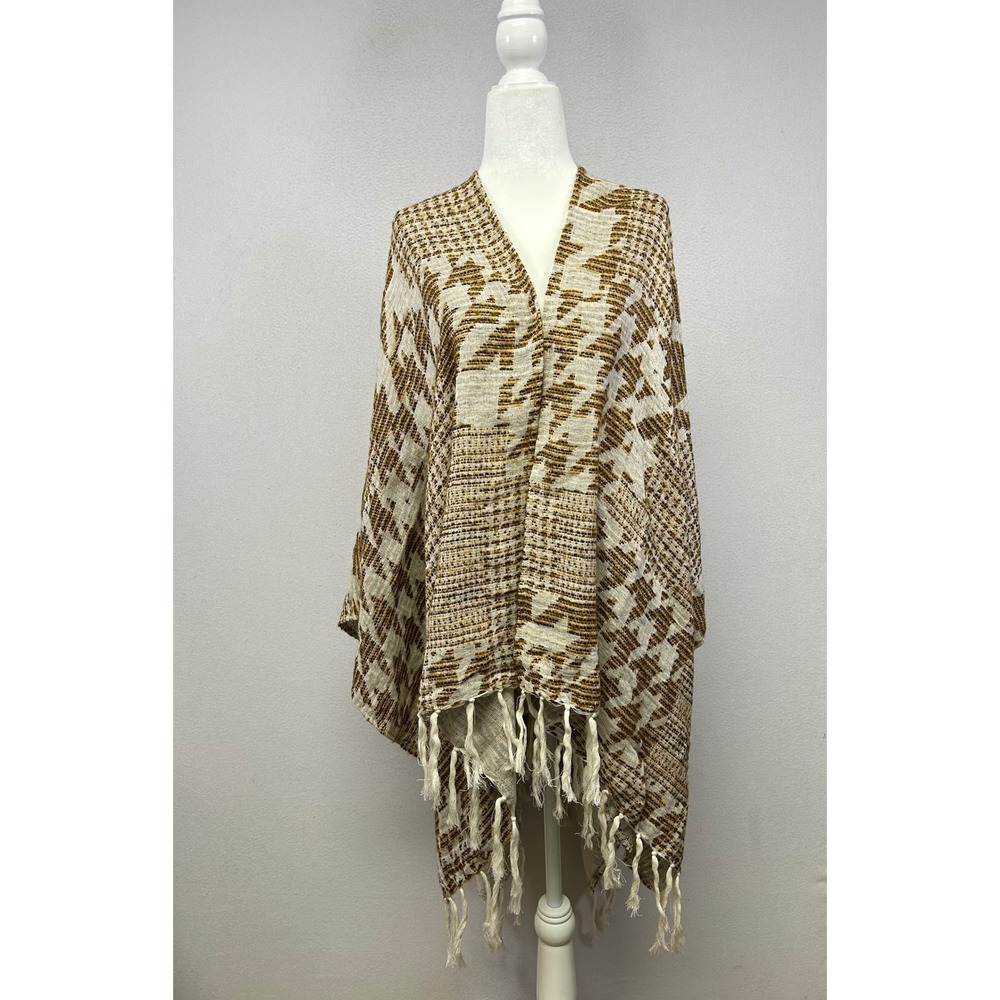 Boho Soft Surroundings Womens One Size Ochre Cream Geometric Fringe Poncho Wrap